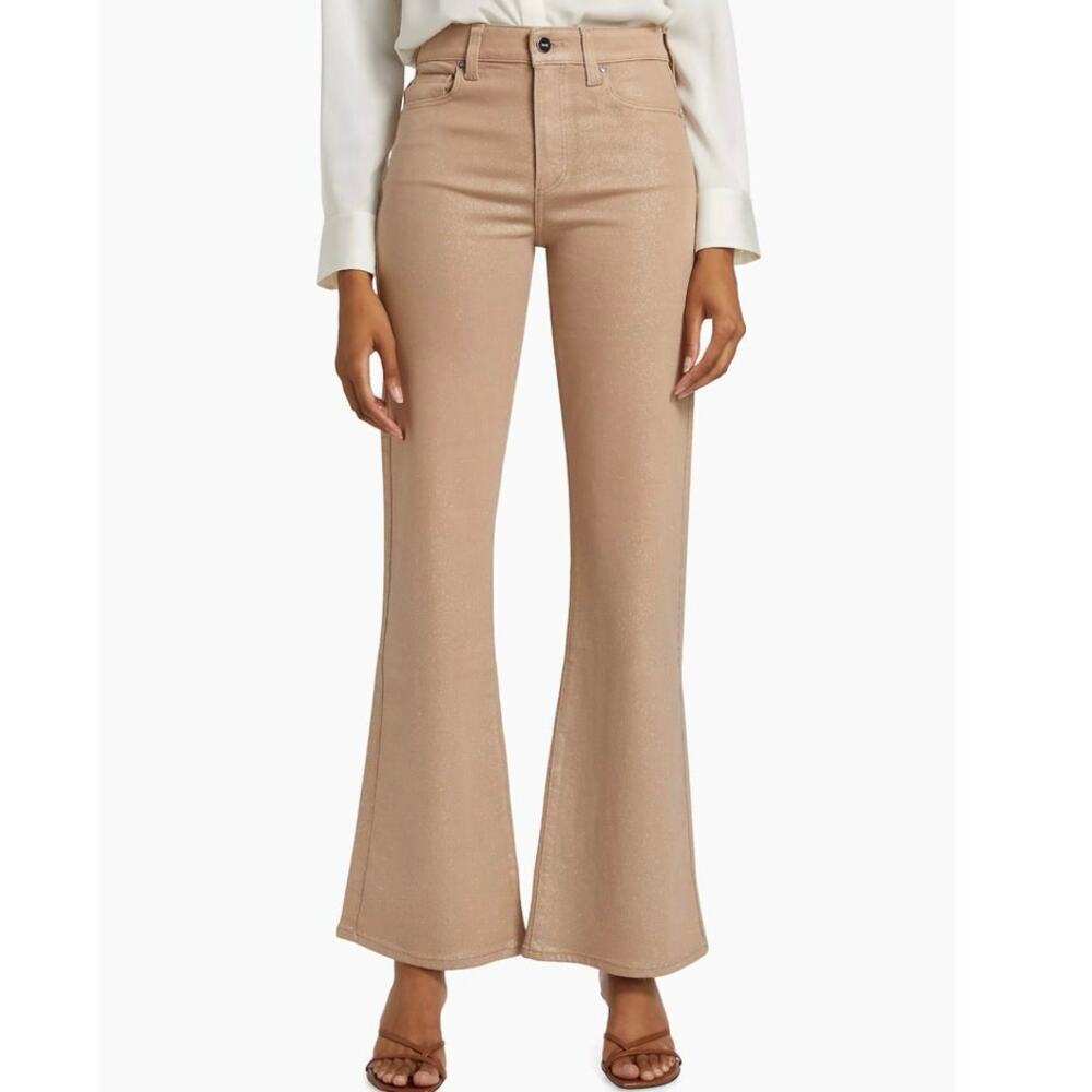 Paige Leenah Coated Metallic Shimmer High Rise Wide Leg Jeans Latte Tan Size 32